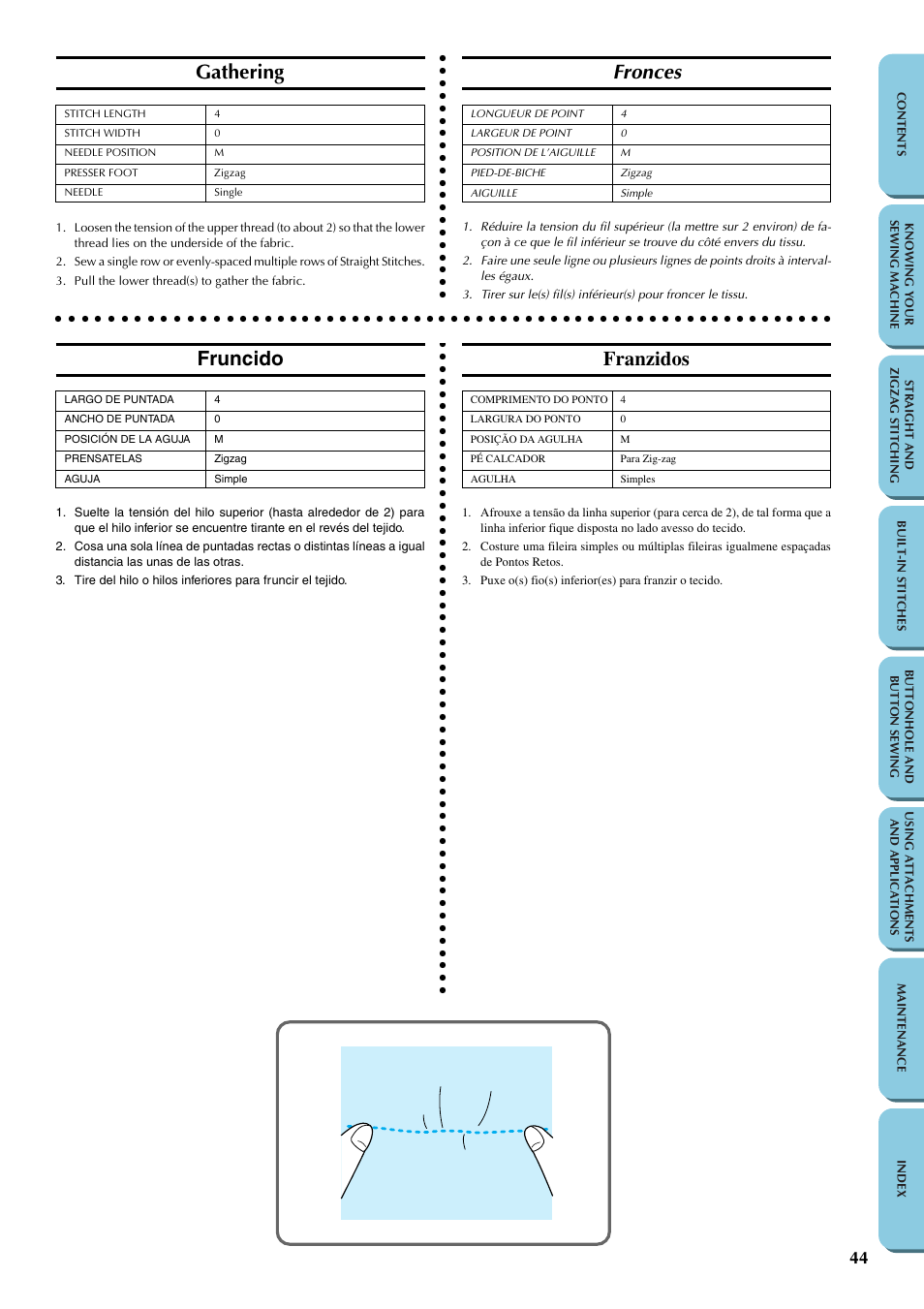 Gathering, Fronces, Fruncido | Franzidos | Brother LS-1217 User Manual | Page 54 / 81