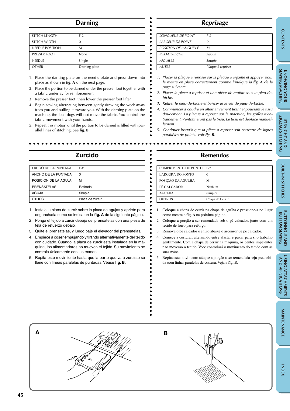 Darning, Reprisage, Zurcido | Remendos | Brother LS-1217 User Manual | Page 55 / 81