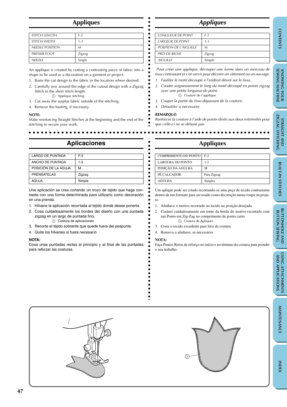 Appliques, Aplicaciones | Brother LS-1217 User Manual | Page 57 / 81