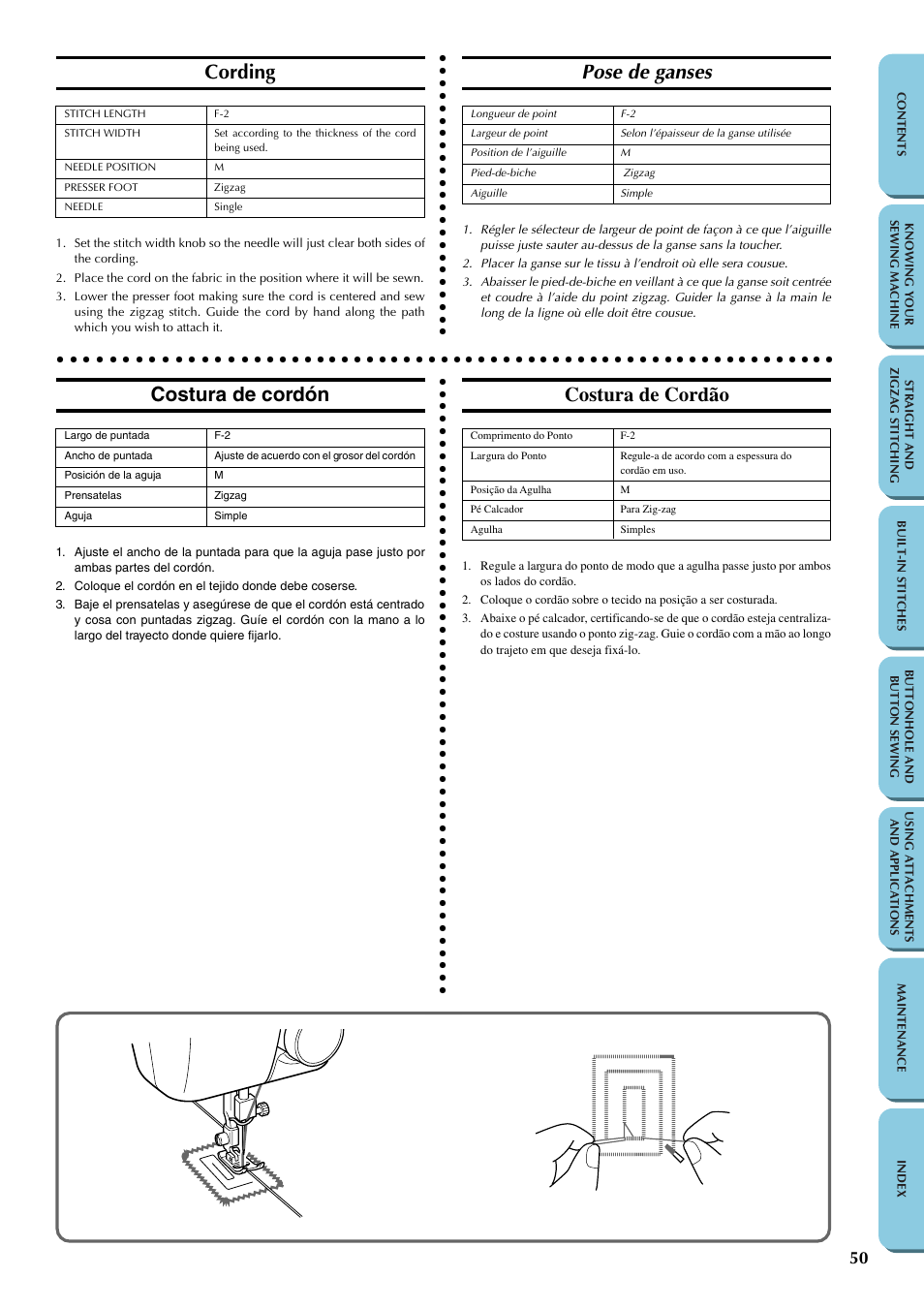 Cording, Pose de ganses, Costura de cordón | Costura de cordão | Brother LS-1217 User Manual | Page 60 / 81