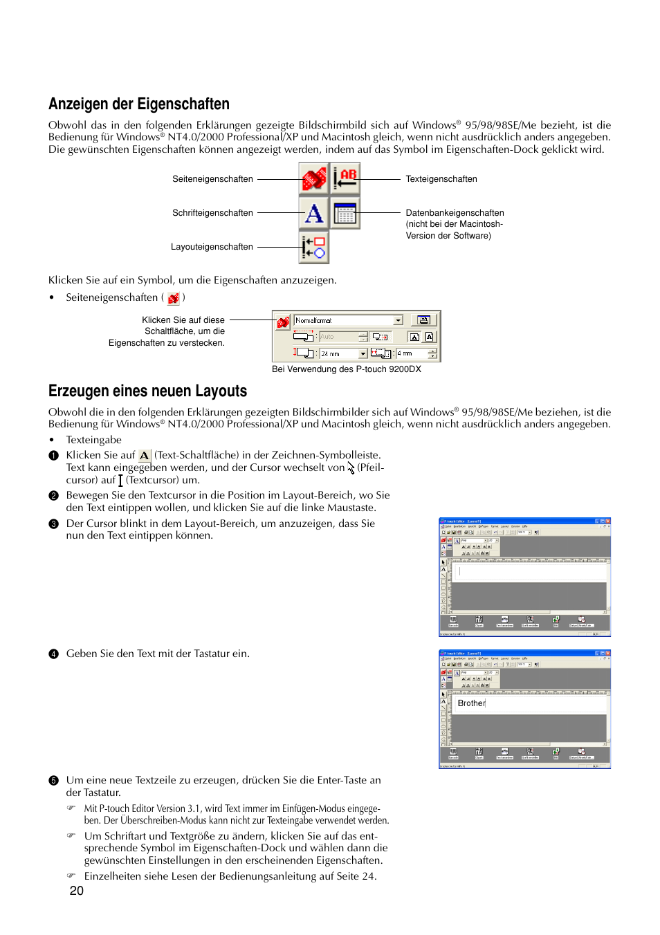 Anzeigen der eigenschaften, Erzeugen eines neuen layouts | Brother PT-9200DX User Manual | Page 100 / 232