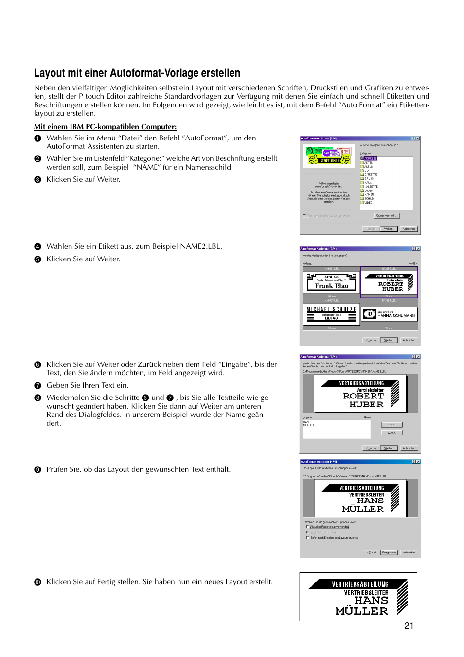 Layout mit einer autoformat-vorlage erstellen | Brother PT-9200DX User Manual | Page 101 / 232