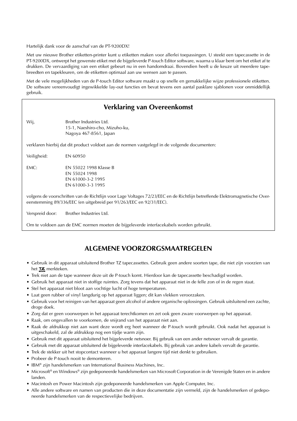 Verklaring van overeenkomst, Algemene voorzorgsmaatregelen | Brother PT-9200DX User Manual | Page 118 / 232