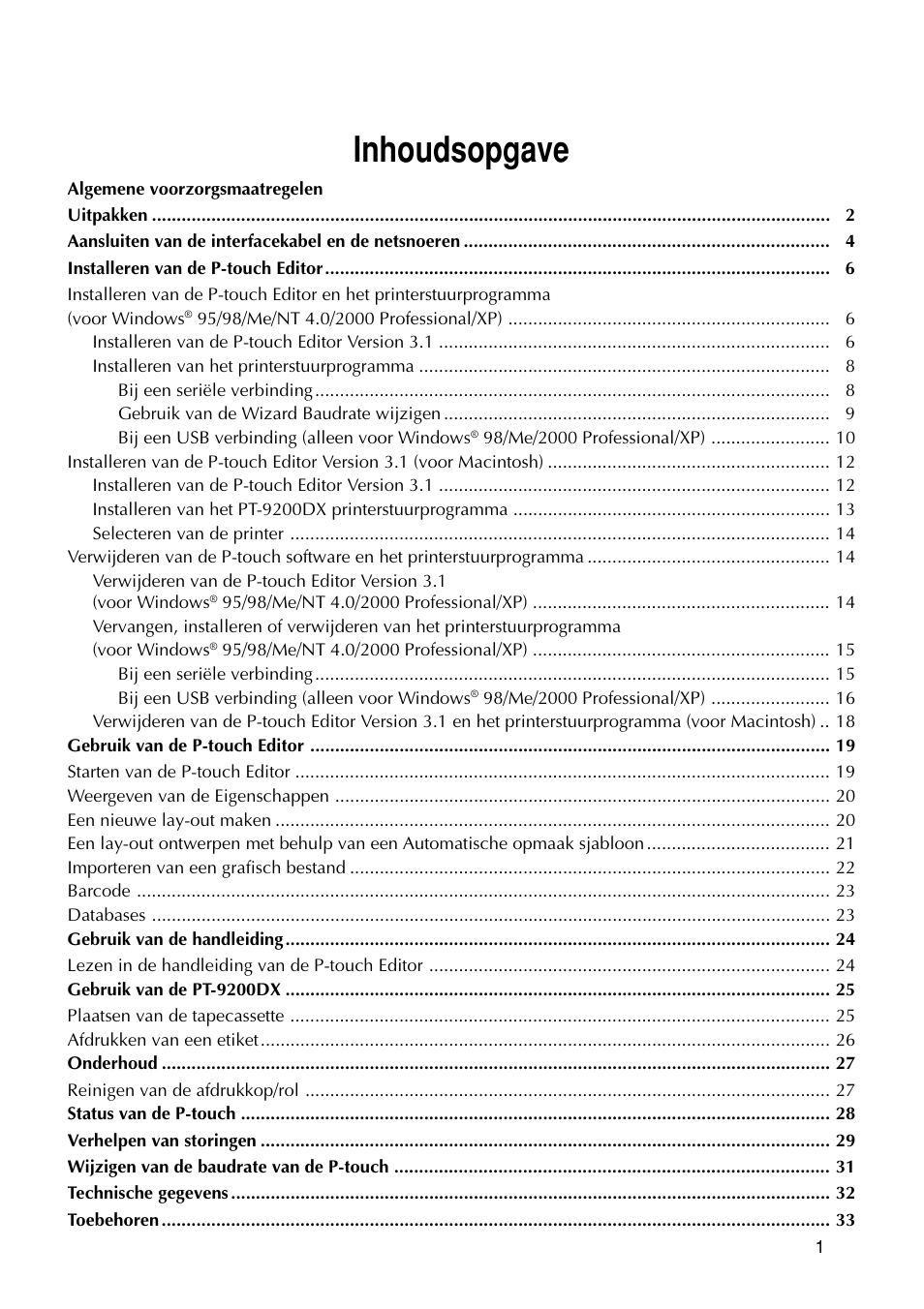 Inhoudsopgave | Brother PT-9200DX User Manual | Page 119 / 232