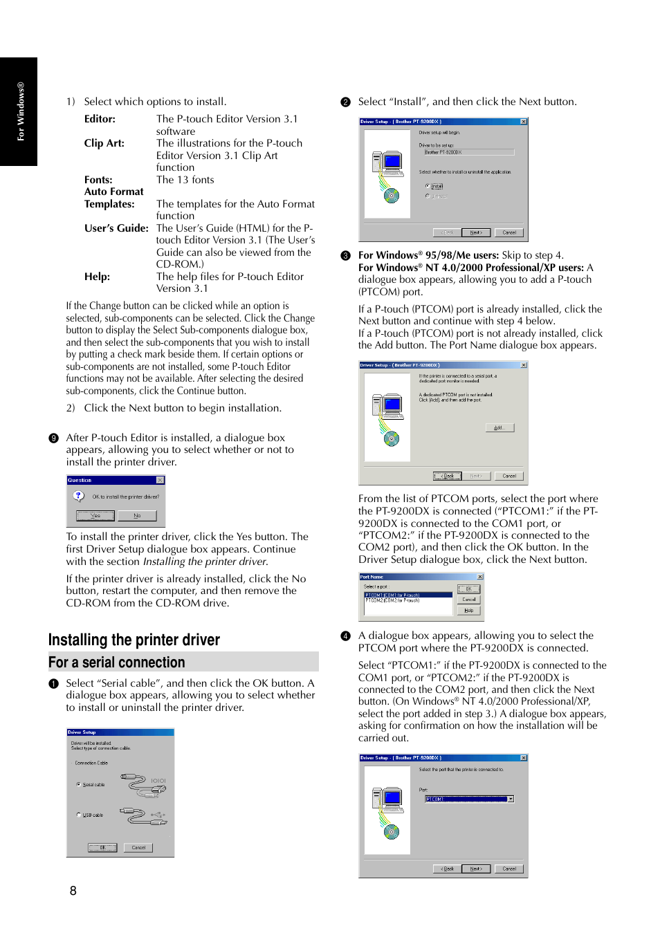 Installing the printer driver, For a serial connection | Brother PT-9200DX User Manual | Page 12 / 232