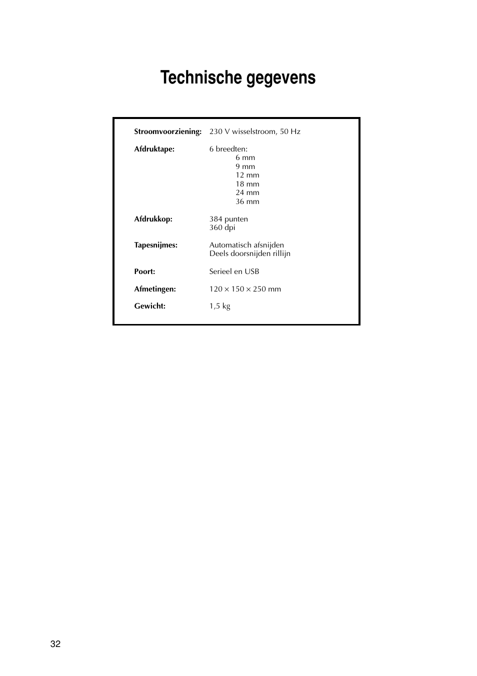 Technische gegevens | Brother PT-9200DX User Manual | Page 150 / 232