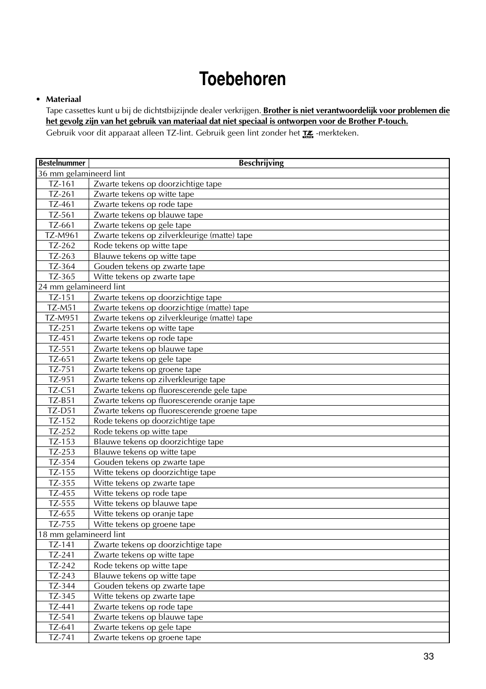 Toebehoren | Brother PT-9200DX User Manual | Page 151 / 232