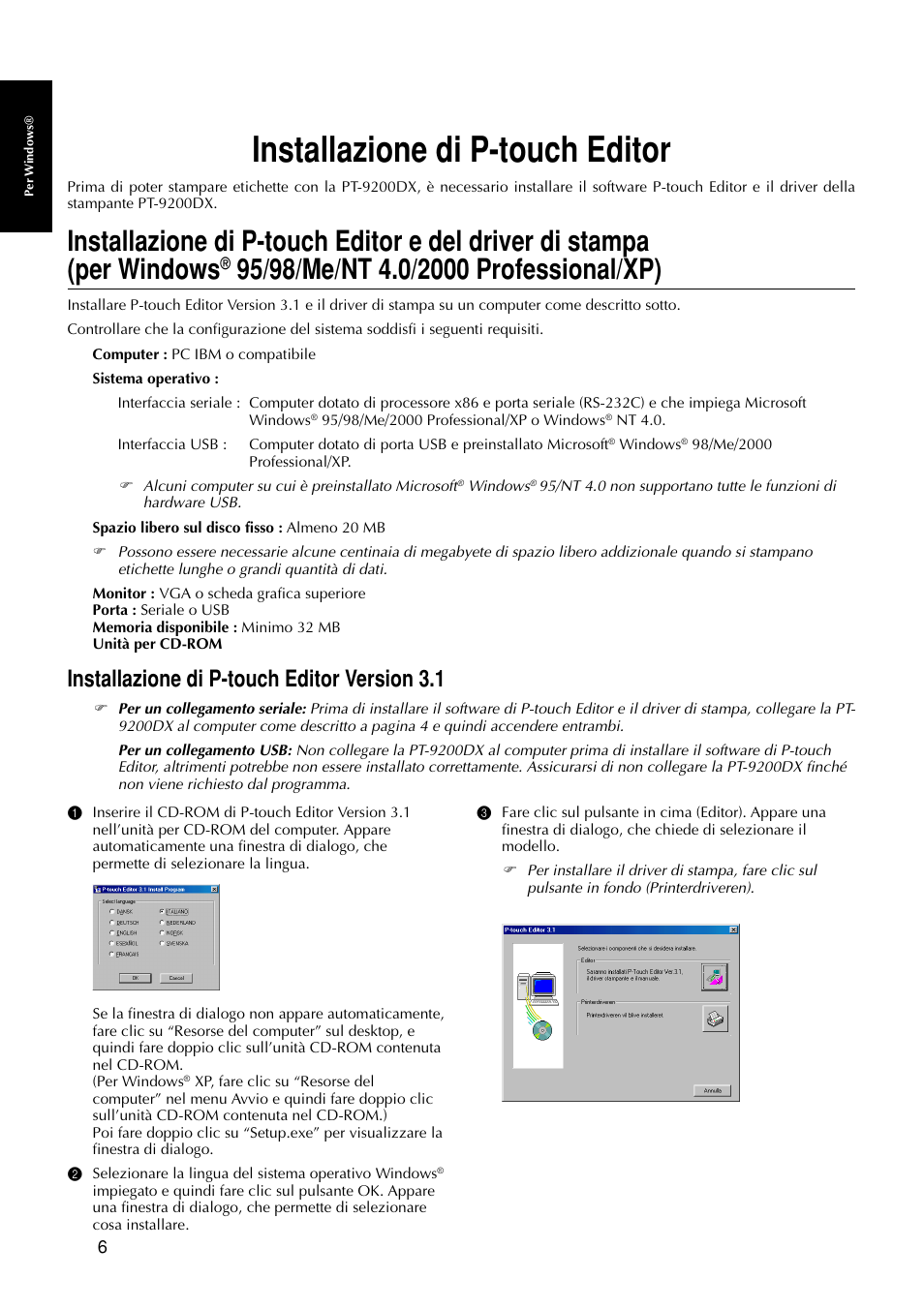 Installazione di p-touch editor, Installazione di p-touch editor version 3.1 | Brother PT-9200DX User Manual | Page 162 / 232