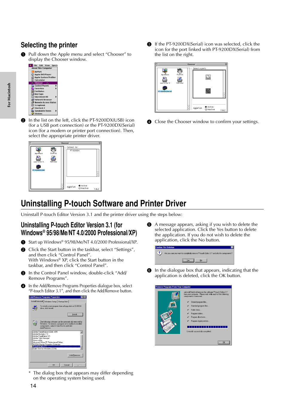 Uninstalling p-touch software and printer driver, Selecting the printer | Brother PT-9200DX User Manual | Page 18 / 232