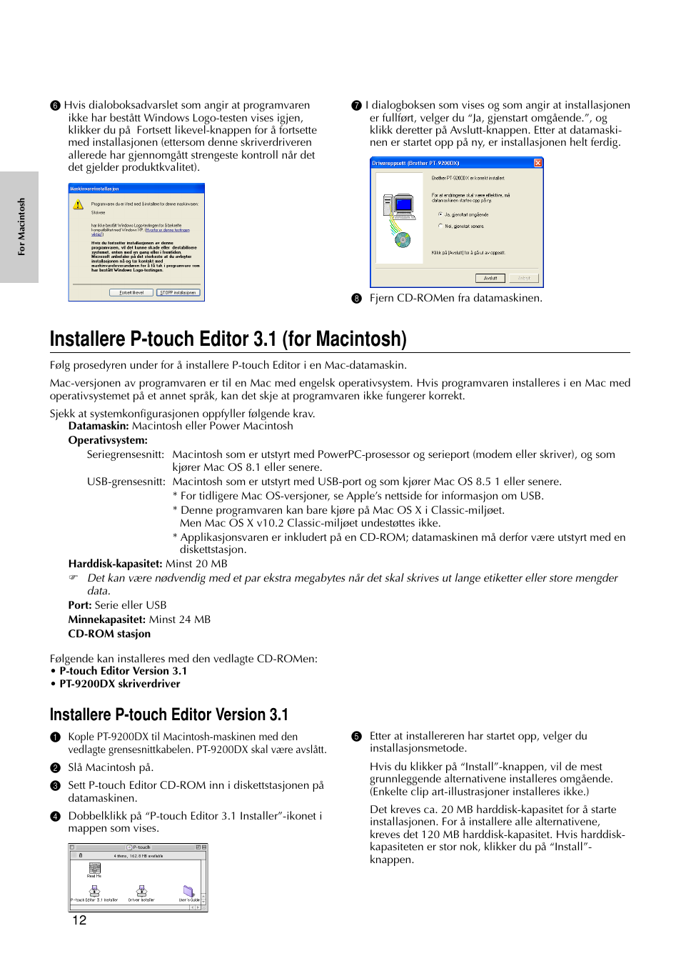 Installere p-touch editor 3.1 (for macintosh), Installere p-touch editor version 3.1 | Brother PT-9200DX User Manual | Page 206 / 232