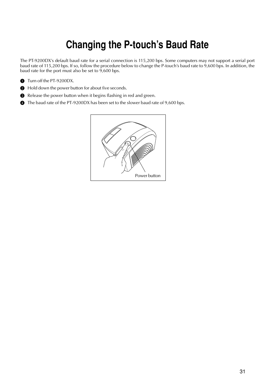 Changing the p-touch’s baud rate | Brother PT-9200DX User Manual | Page 35 / 232