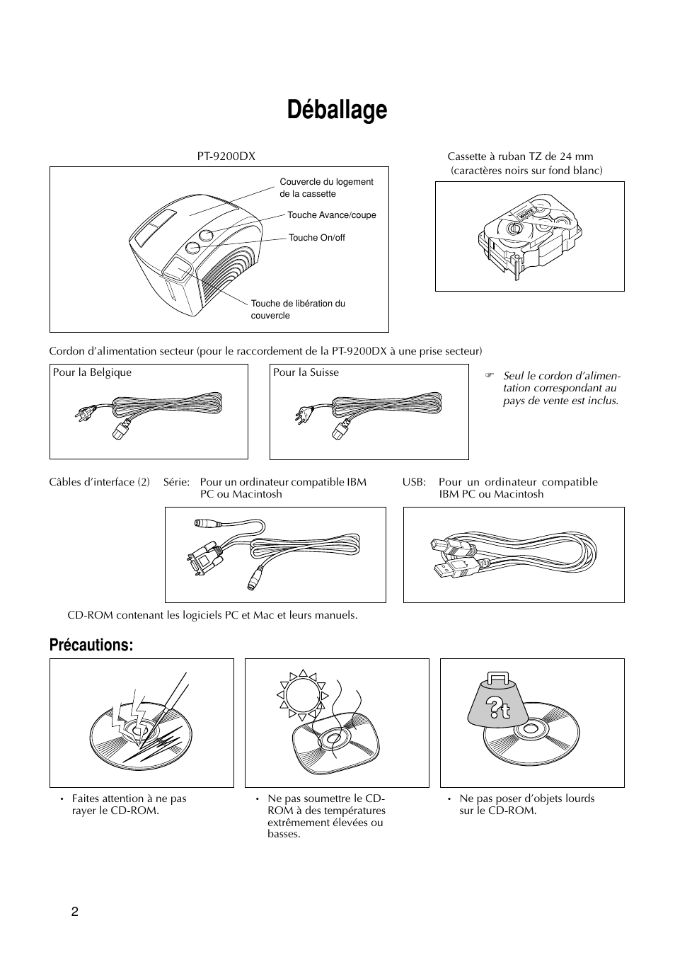 Déballage, Précautions | Brother PT-9200DX User Manual | Page 44 / 232