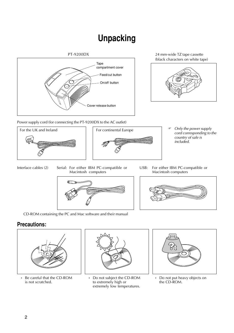 Unpacking, Precautions | Brother PT-9200DX User Manual | Page 6 / 232