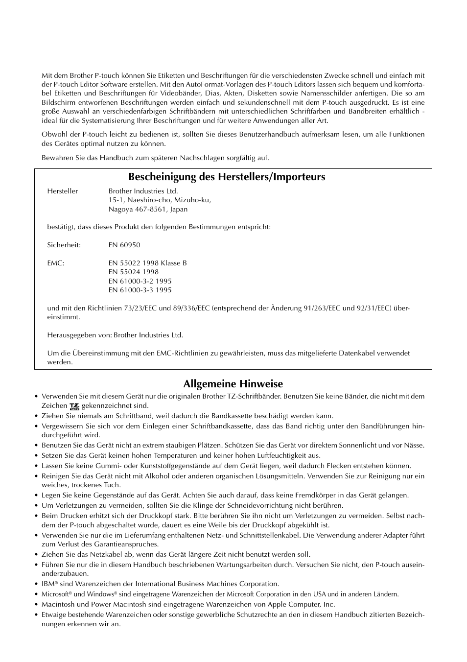 Bescheinigung des herstellers/importeurs, Allgemeine hinweise | Brother PT-9200DX User Manual | Page 80 / 232