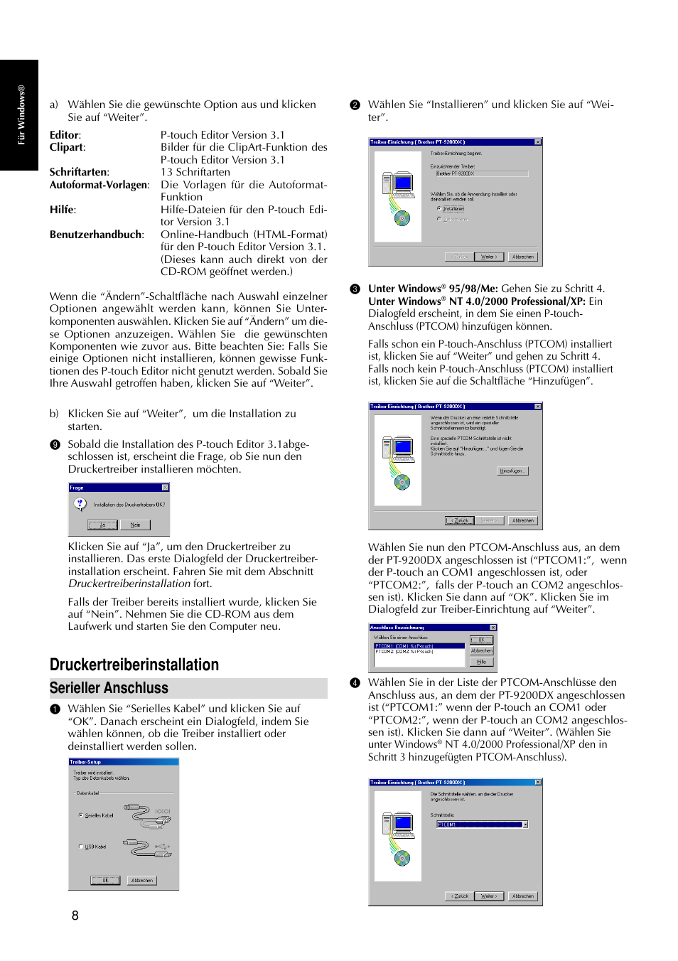 Druckertreiberinstallation, Serieller anschluss | Brother PT-9200DX User Manual | Page 88 / 232