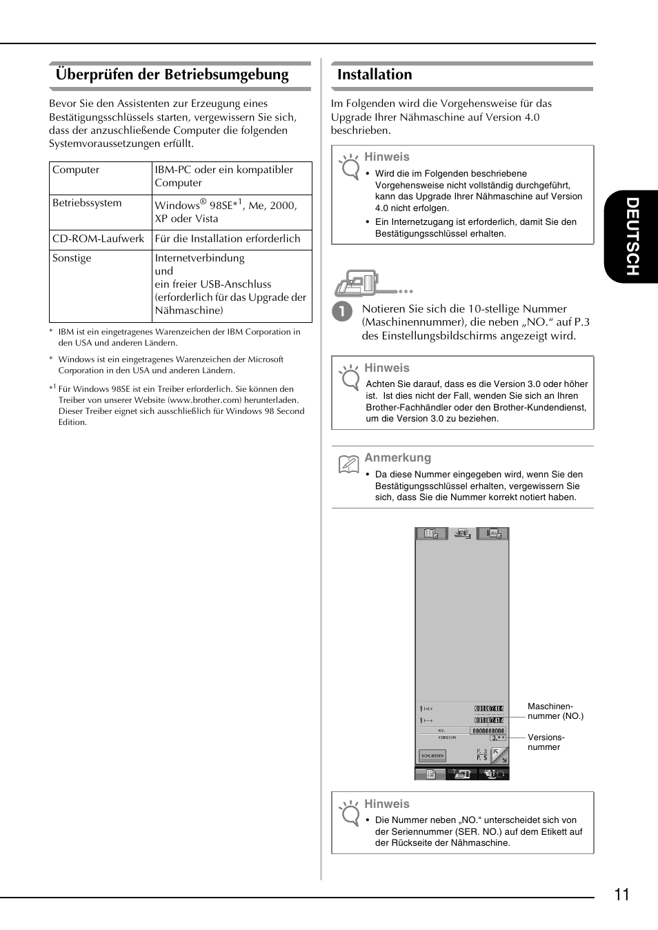 11 de ut s c h, Überprüfen der betriebsumgebung, Installation | Brother Innov-is 4000D 4000 User Manual | Page 13 / 52