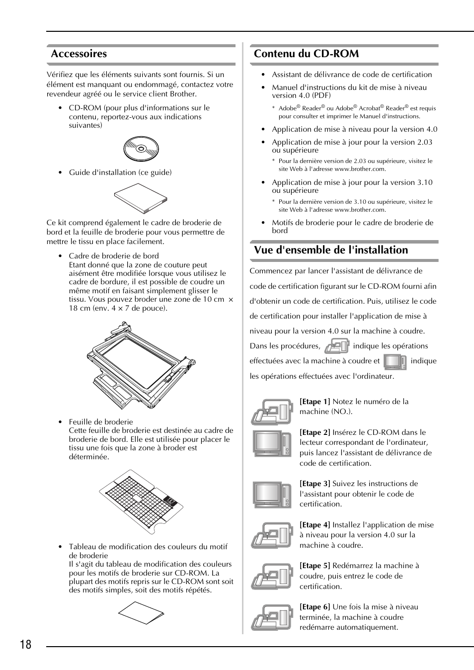Accessoires, Contenu du cd-rom, Vue d'ensemble de l'installation | Brother Innov-is 4000D 4000 User Manual | Page 20 / 52