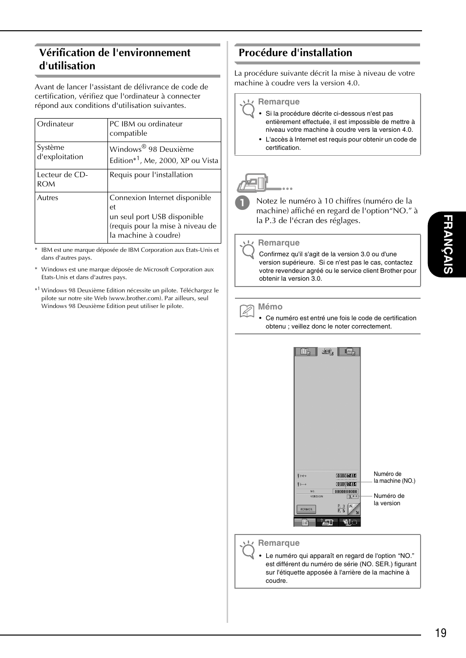 19 f ran ça is, Vérification de l'environnement d'utilisation, Procédure d'installation | Brother Innov-is 4000D 4000 User Manual | Page 21 / 52