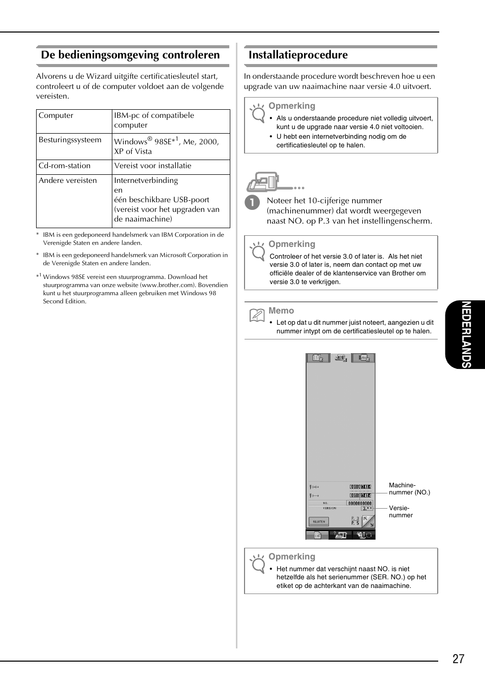 27 nede rlands, De bedieningsomgeving controleren, Installatieprocedure | Brother Innov-is 4000D 4000 User Manual | Page 29 / 52