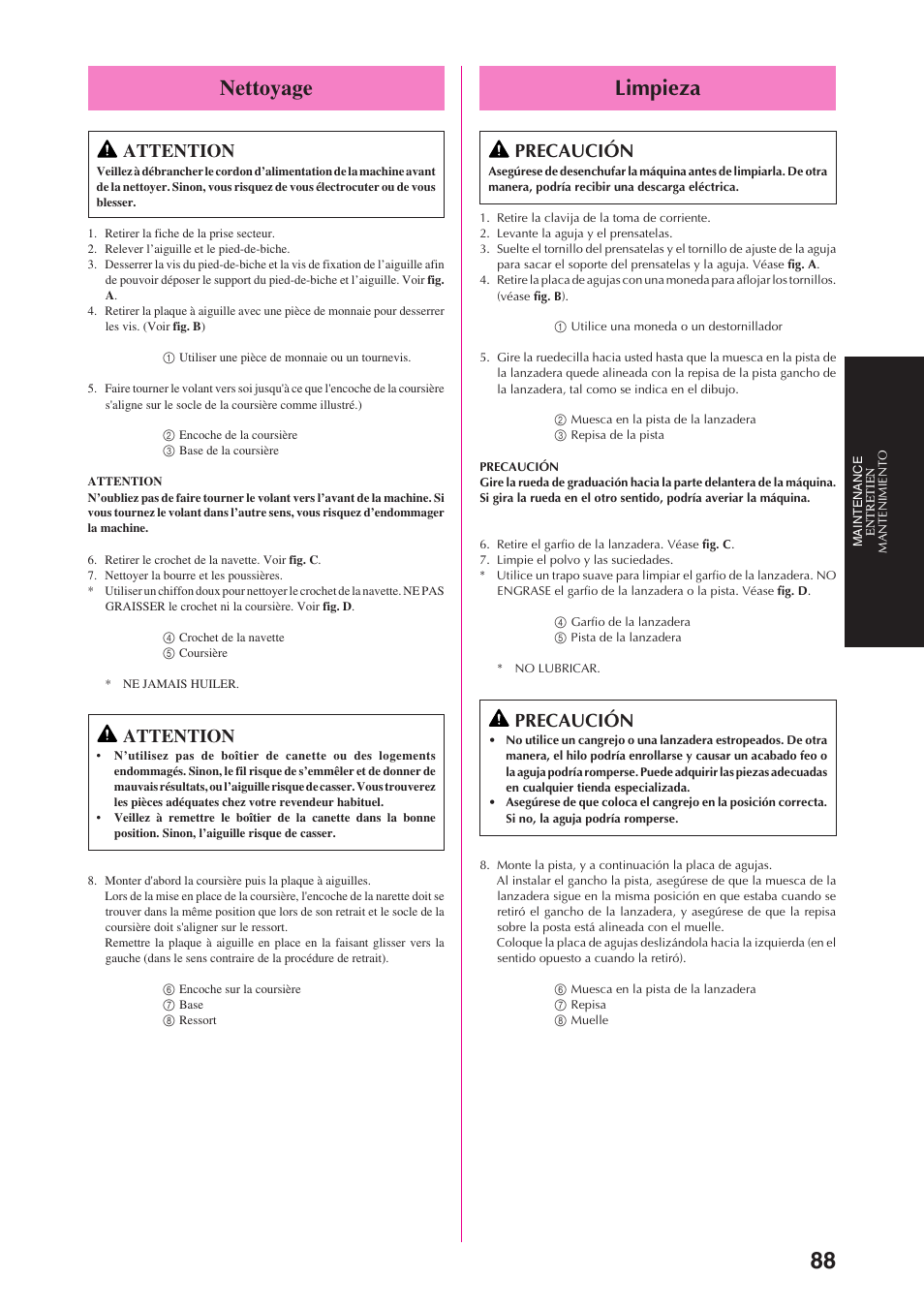 Limpieza, Nettoyage, Precaución | Attention | Brother PS-3100 3700 User Manual | Page 100 / 111