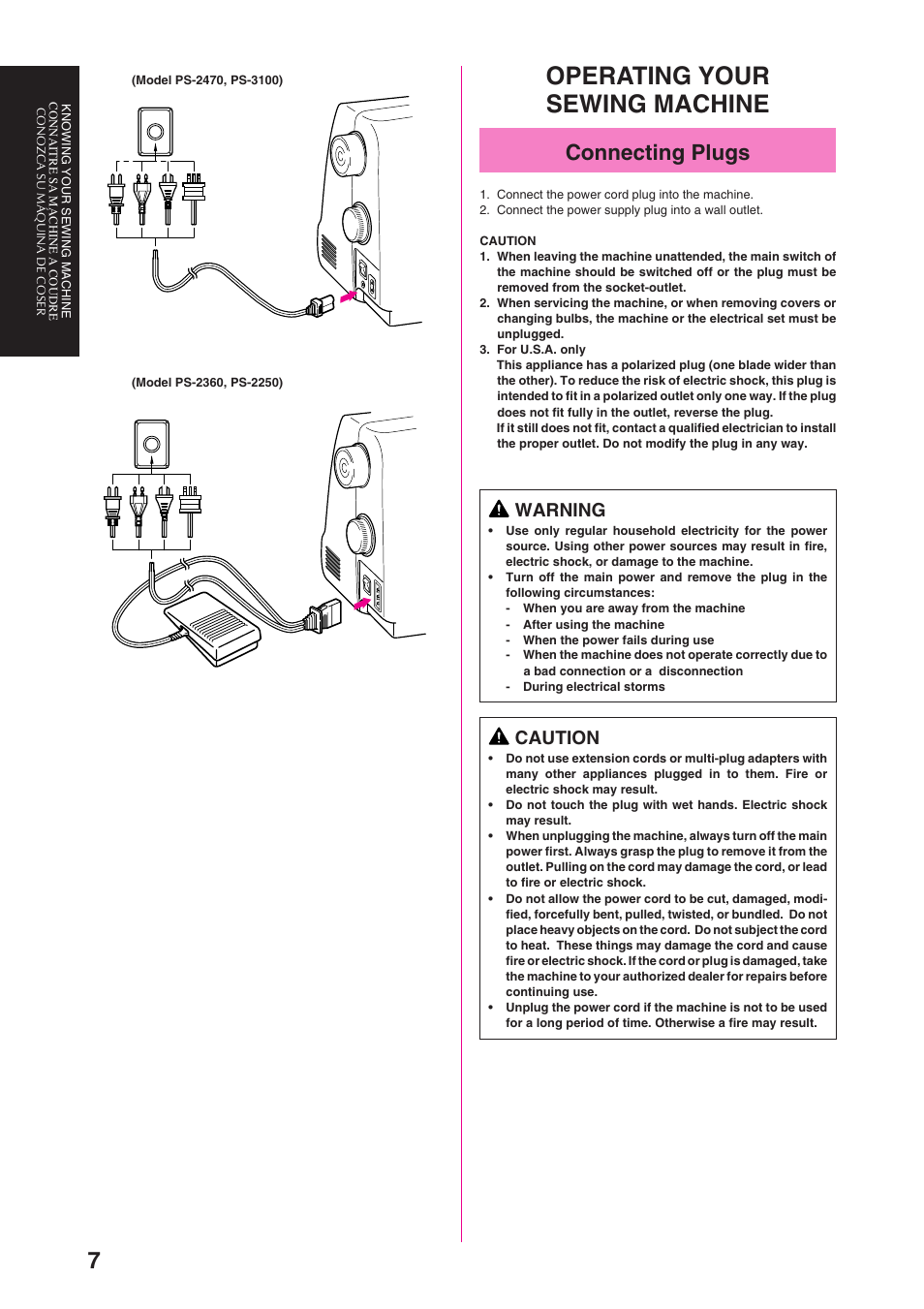 Operating your sewing machine, Connecting plugs, Warning | Caution | Brother PS-3100 3700 User Manual | Page 19 / 111