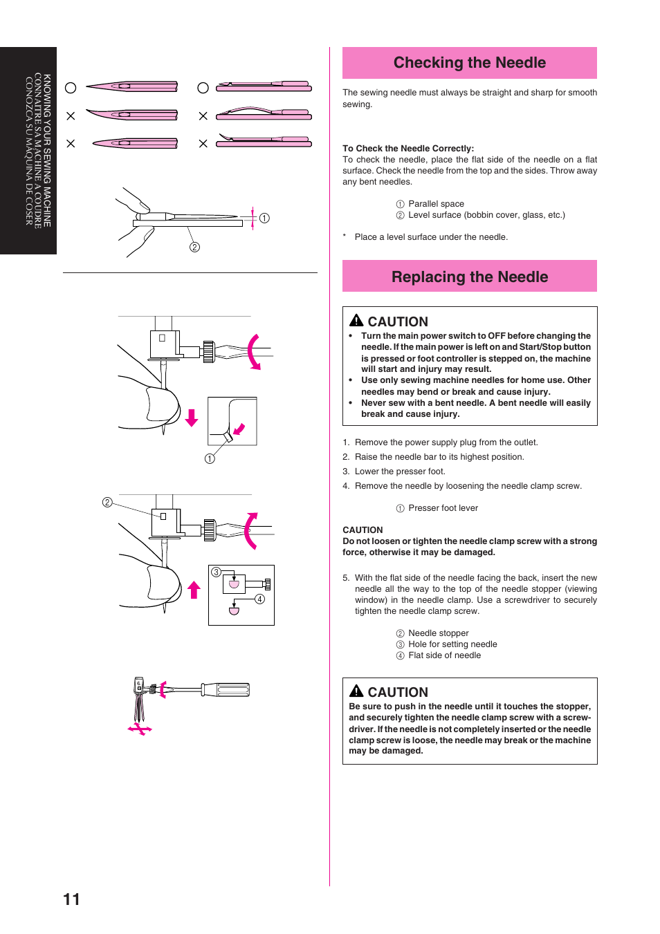 Checking the needle, Replacing the needle, Caution | Brother PS-3100 3700 User Manual | Page 23 / 111