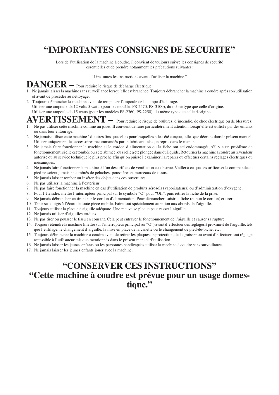 Danger, Avertissement, Importantes consignes de securite | Brother PS-3100 3700 User Manual | Page 3 / 111