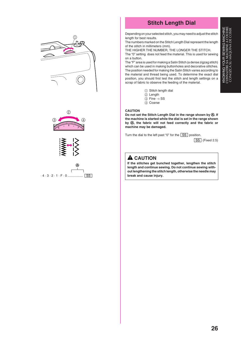 Stitch length dial, Caution | Brother PS-3100 3700 User Manual | Page 38 / 111