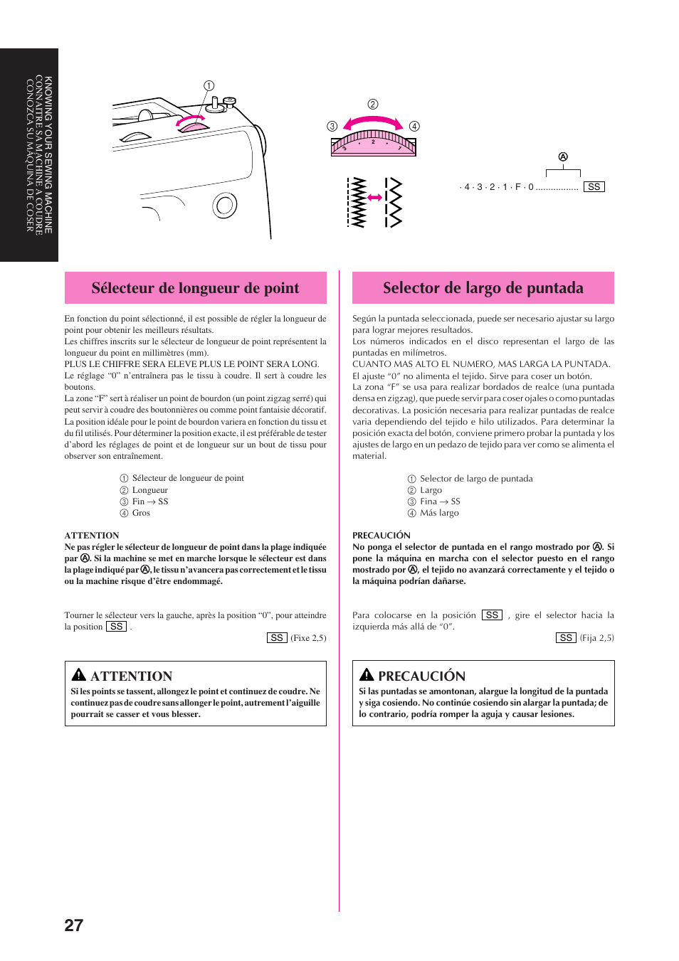Sélecteur de longueur de point, Selector de largo de puntada, Attention | Precaución | Brother PS-3100 3700 User Manual | Page 39 / 111