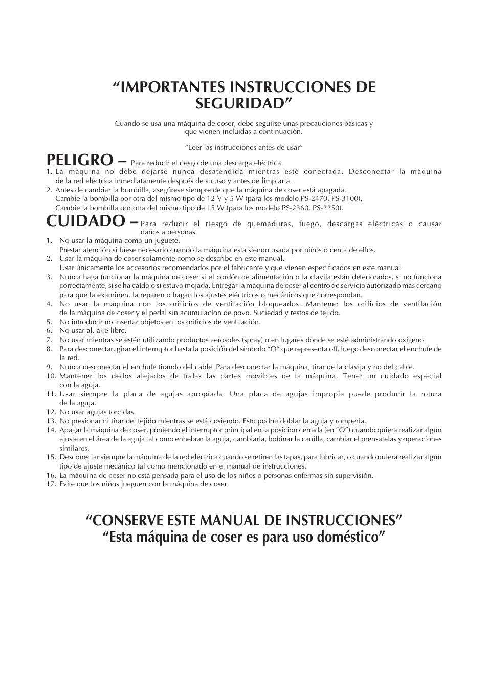 Peligro, Cuidado, Importantes instrucciones de seguridad | Brother PS-3100 3700 User Manual | Page 4 / 111