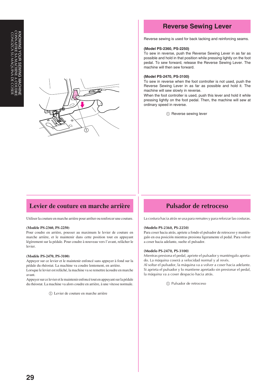 Reverse sewing lever, Levier de couture en marche arrière, Pulsador de retroceso | Brother PS-3100 3700 User Manual | Page 41 / 111