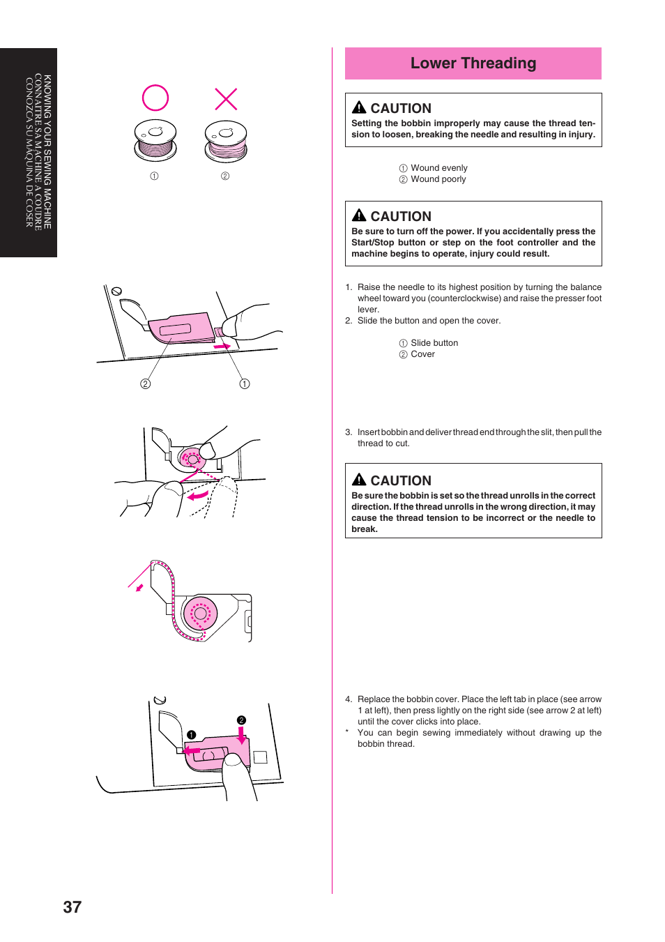 Lower threading, Caution | Brother PS-3100 3700 User Manual | Page 49 / 111