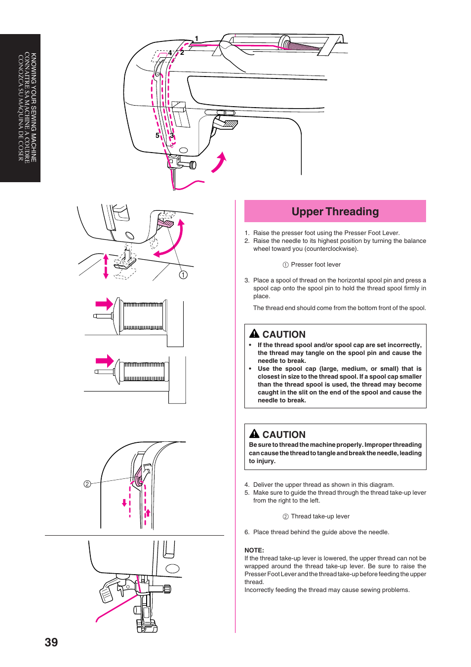 Upper threading, Caution | Brother PS-3100 3700 User Manual | Page 51 / 111