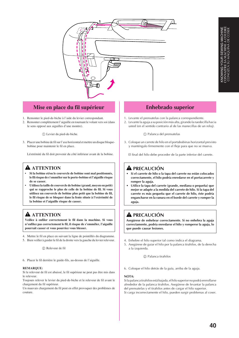 Enhebrado superior, Mise en place du fil supérieur, Precaución | Attention | Brother PS-3100 3700 User Manual | Page 52 / 111