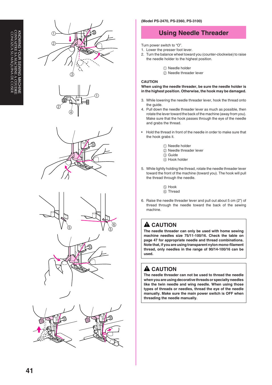 Using needle threader, Caution | Brother PS-3100 3700 User Manual | Page 53 / 111