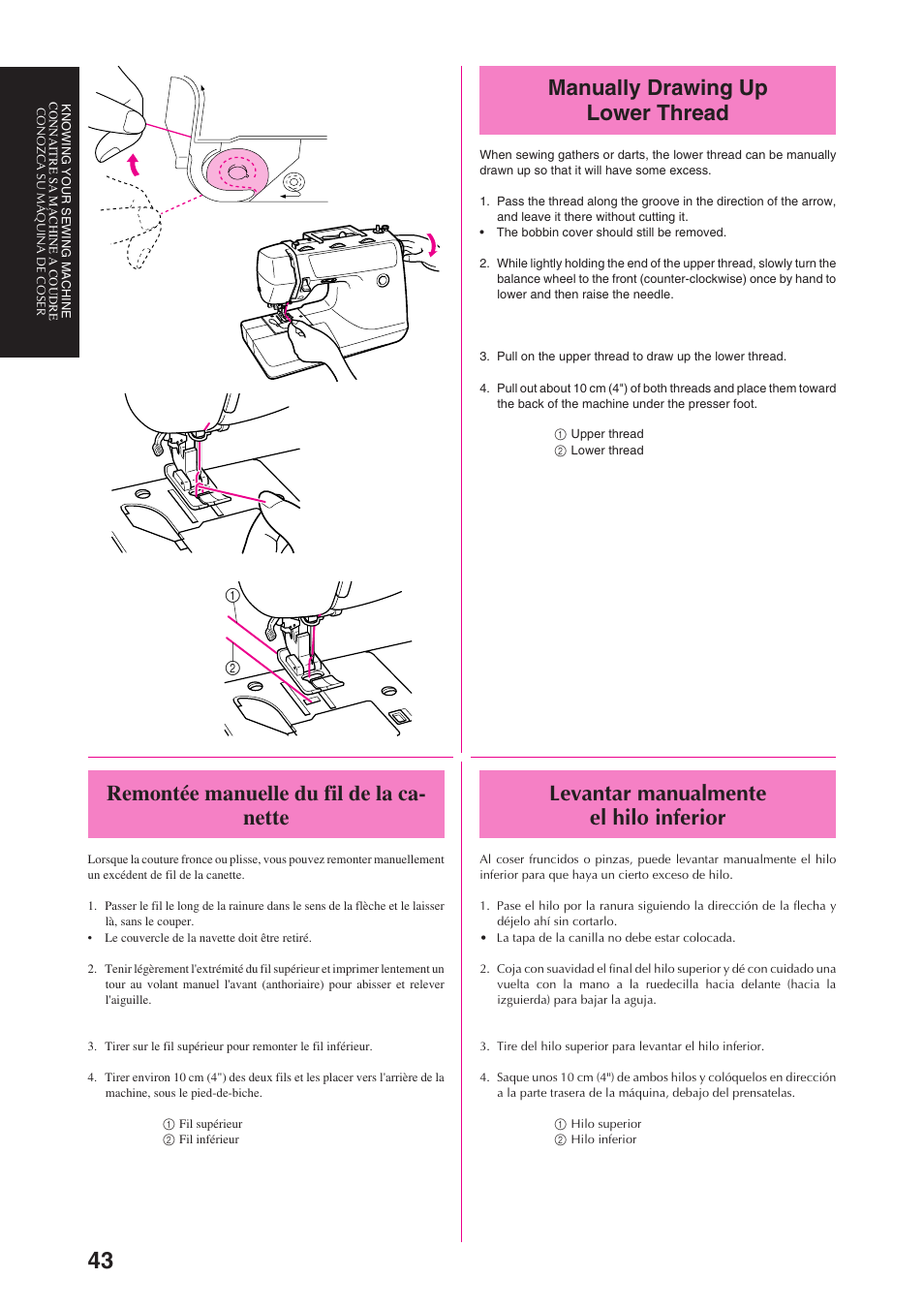 Manually drawing up lower thread, Levantar manualmente el hilo inferior, Remontée manuelle du fil de la ca- nette | Brother PS-3100 3700 User Manual | Page 55 / 111