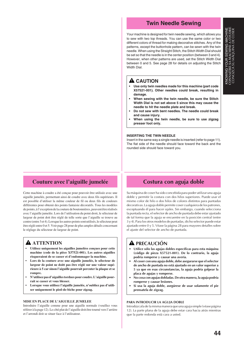 Twin needle sewing, Costura con aguja doble, Couture avec l’aiguille jumelée | Caution, Precaución, Attention | Brother PS-3100 3700 User Manual | Page 56 / 111