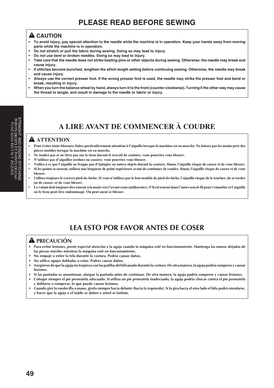 Please read before sewing, Lea esto por favor antes de coser, A lire avant de commencer à coudre | Caution, Precaución, Attention | Brother PS-3100 3700 User Manual | Page 61 / 111