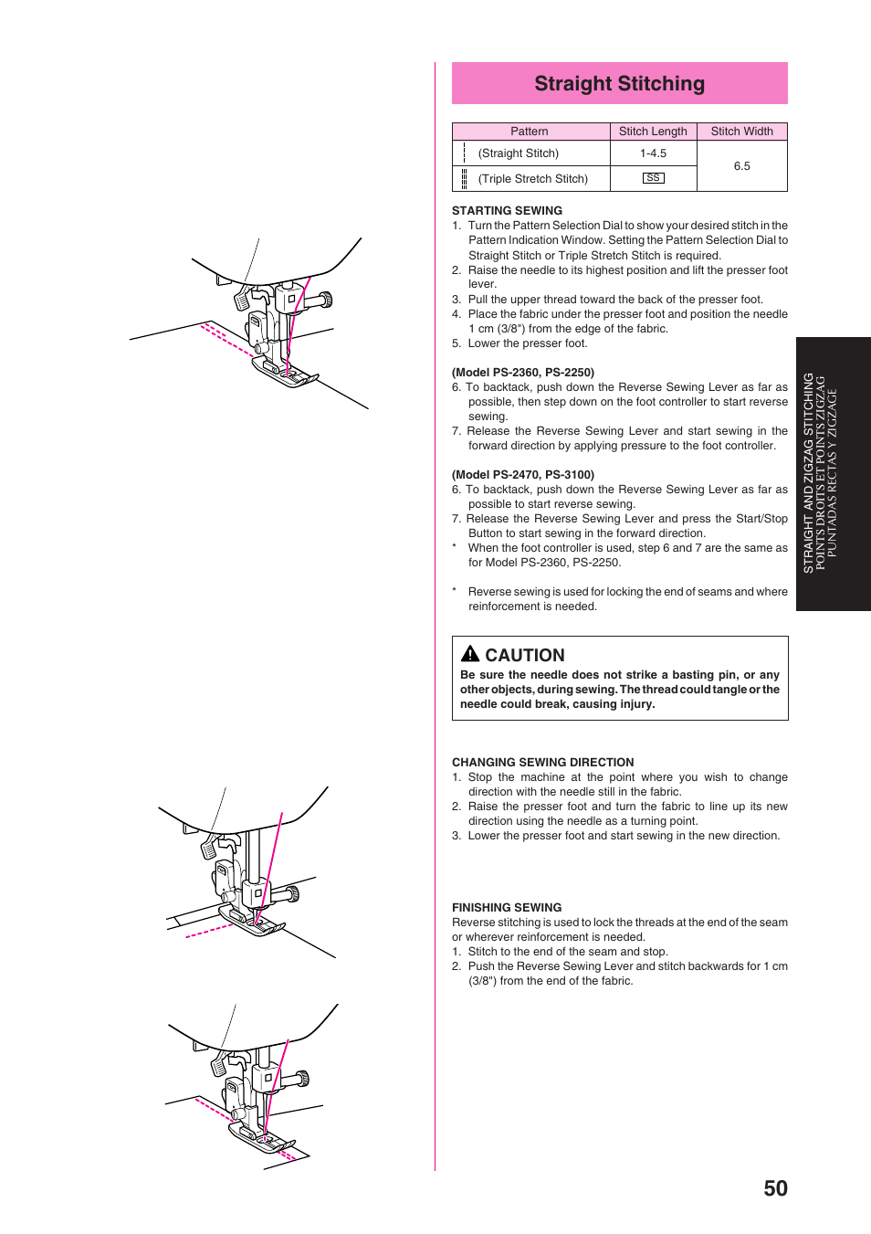 Straight stitching, Caution | Brother PS-3100 3700 User Manual | Page 62 / 111