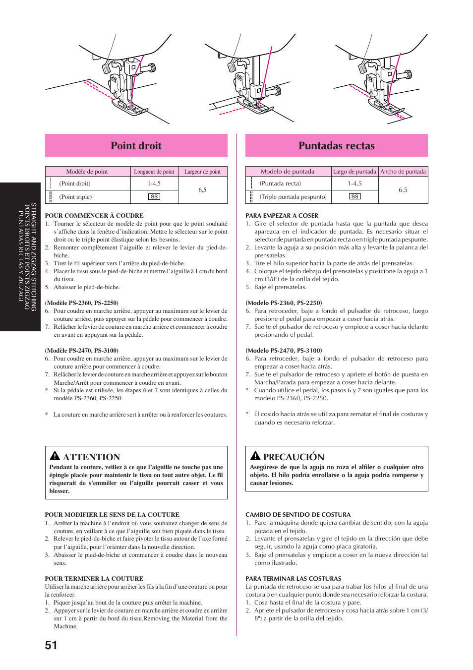 Puntadas rectas, Point droit, Precaución | Attention | Brother PS-3100 3700 User Manual | Page 63 / 111