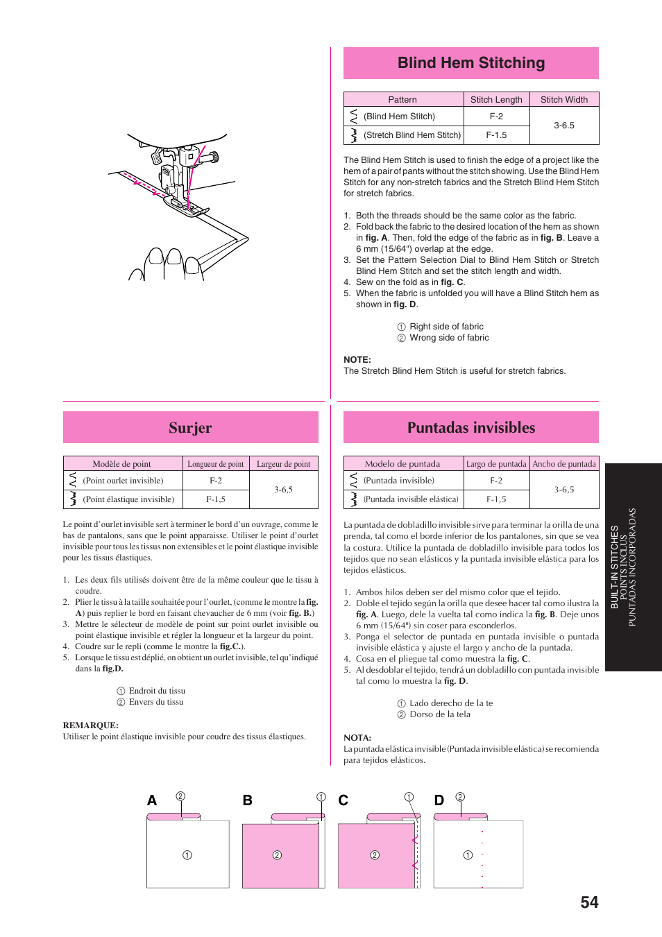 Blind hem stitching, Puntadas invisibles, Surjer | Ab c d | Brother PS-3100 3700 User Manual | Page 66 / 111