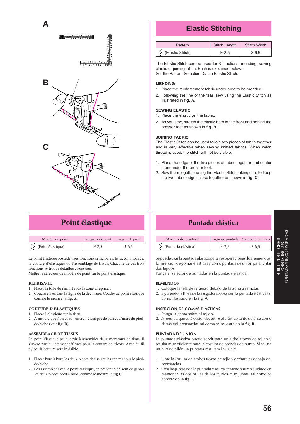 Ab c point élastique, Elastic stitching, Puntada elástica | Brother PS-3100 3700 User Manual | Page 68 / 111