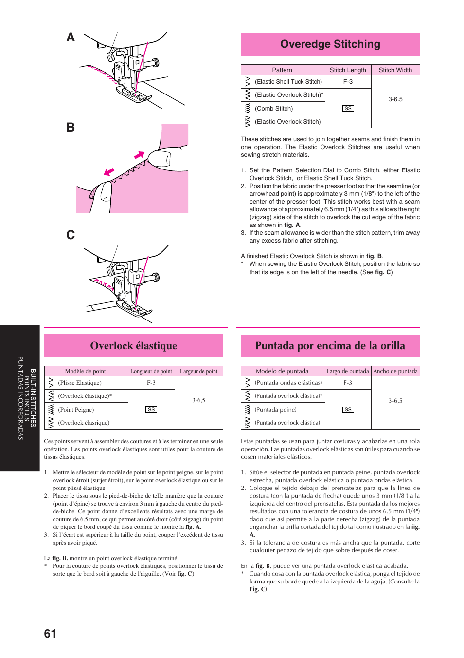 Ab c, Overedge stitching, Puntada por encima de la orilla | Overlock élastique | Brother PS-3100 3700 User Manual | Page 73 / 111