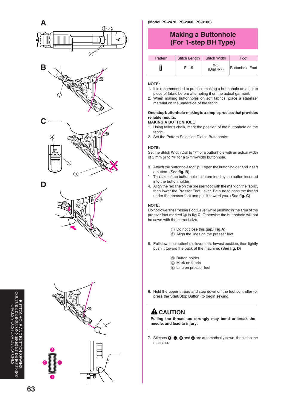 Making a buttonhole (for 1-step bh type), Caution | Brother PS-3100 3700 User Manual | Page 75 / 111
