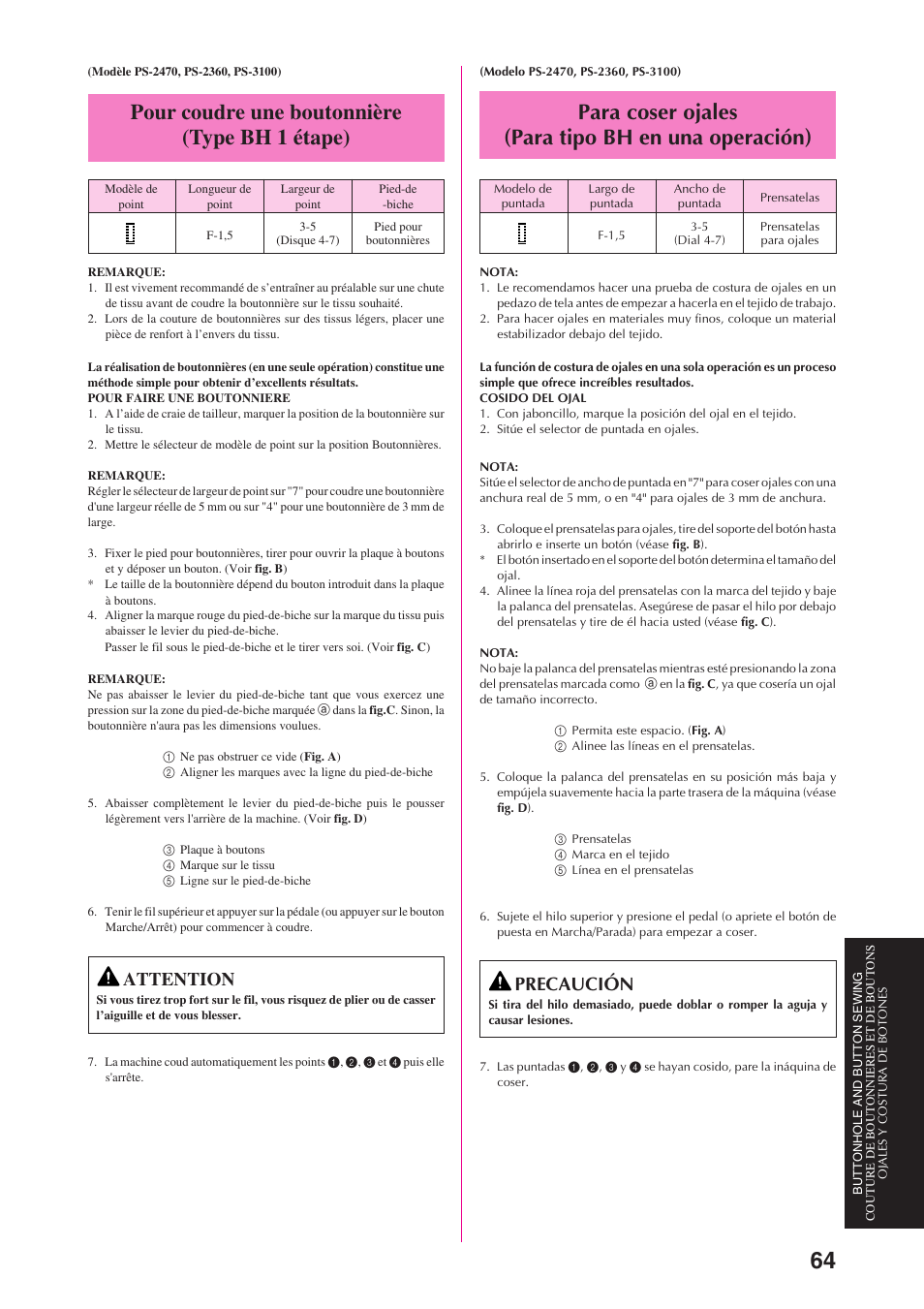 Para coser ojales (para tipo bh en una operación), Pour coudre une boutonnière (type bh 1 étape), Precaución | Attention | Brother PS-3100 3700 User Manual | Page 76 / 111
