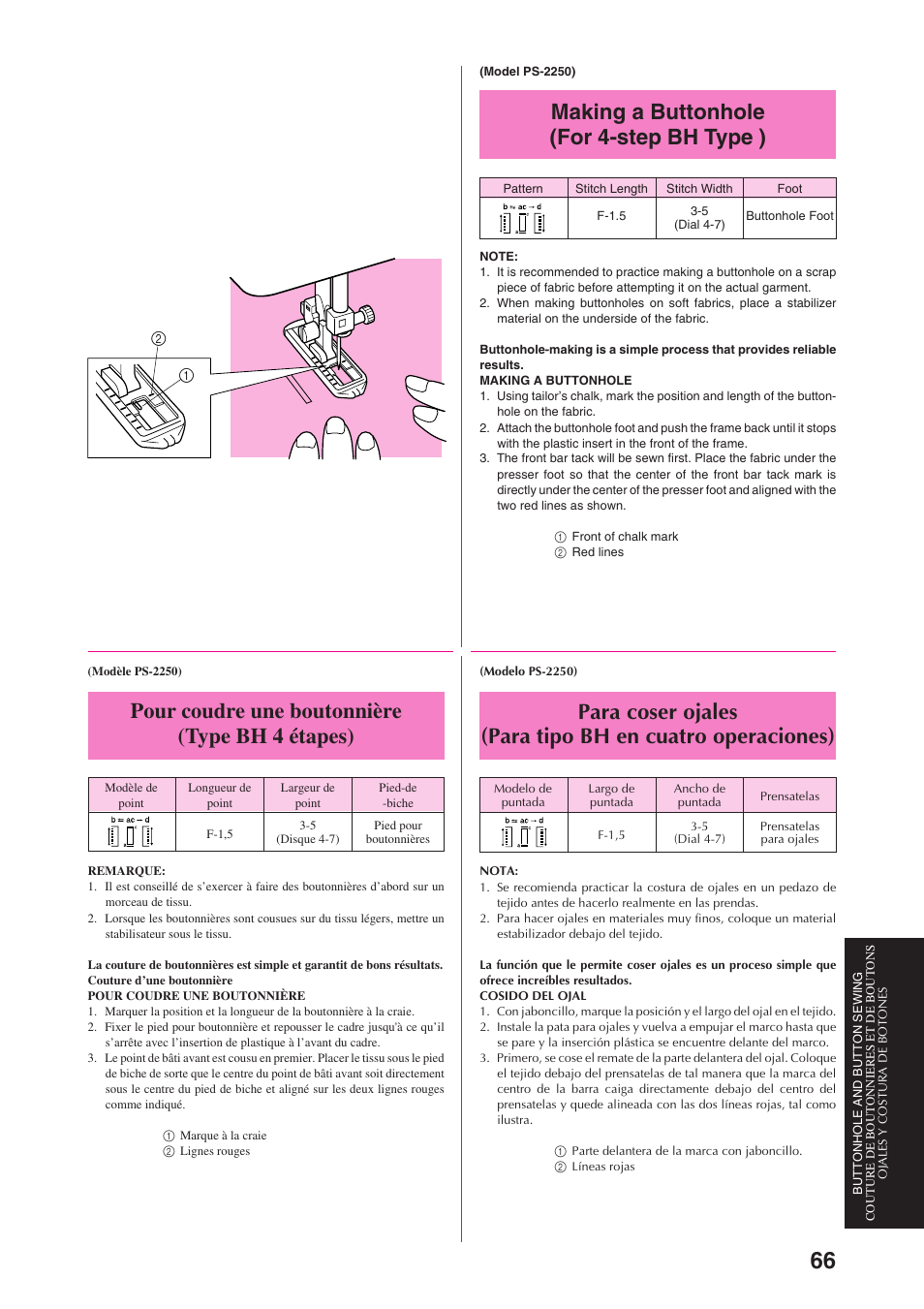 Making a buttonhole (for 4-step bh type ), Pour coudre une boutonnière (type bh 4 étapes) | Brother PS-3100 3700 User Manual | Page 78 / 111