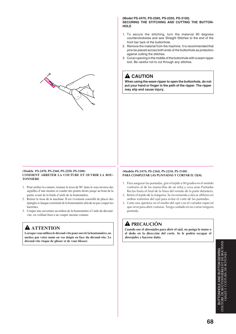 Caution, Precaución, Attention | Brother PS-3100 3700 User Manual | Page 80 / 111