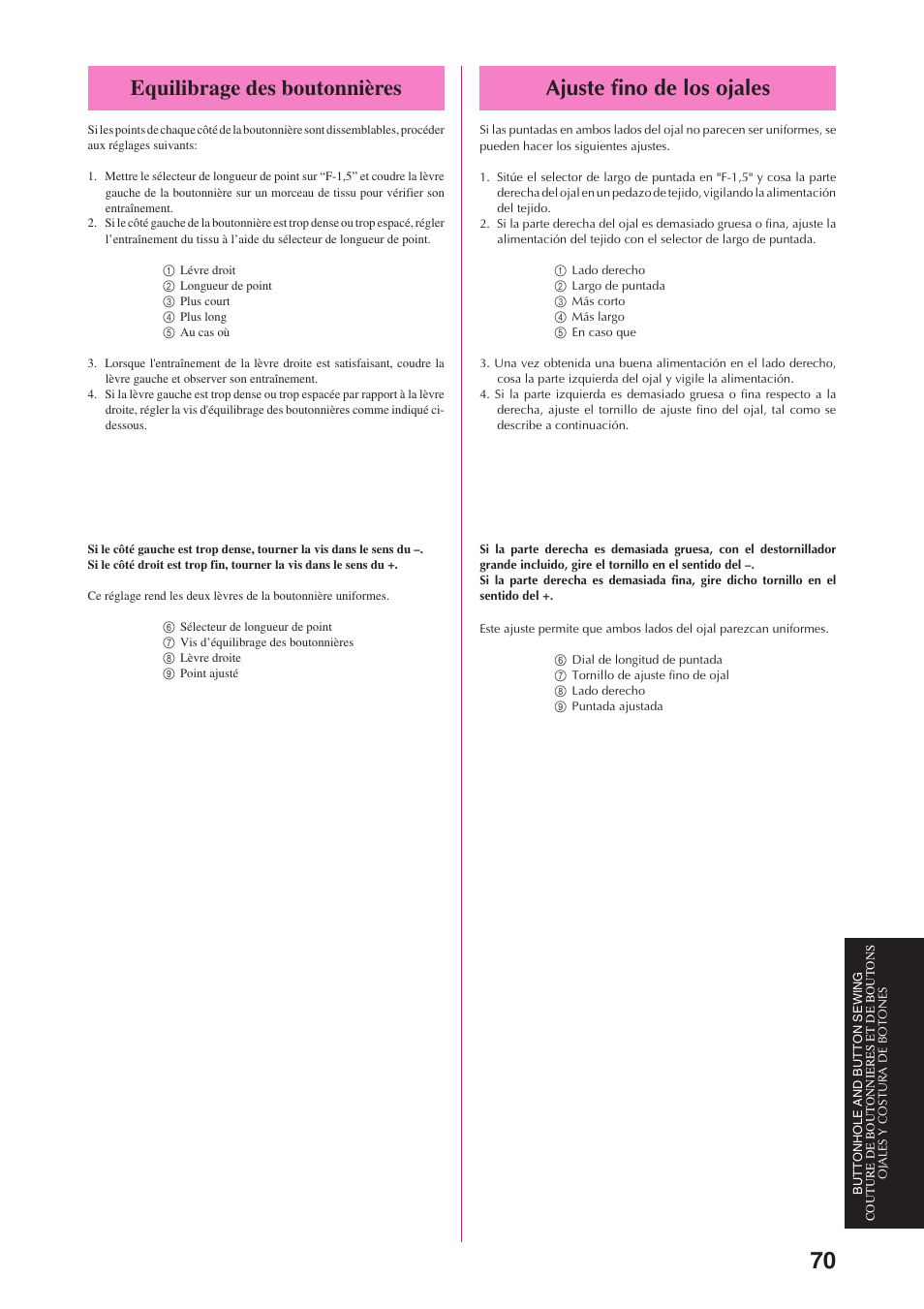 Ajuste fino de los ojales, Equilibrage des boutonnières | Brother PS-3100 3700 User Manual | Page 82 / 111