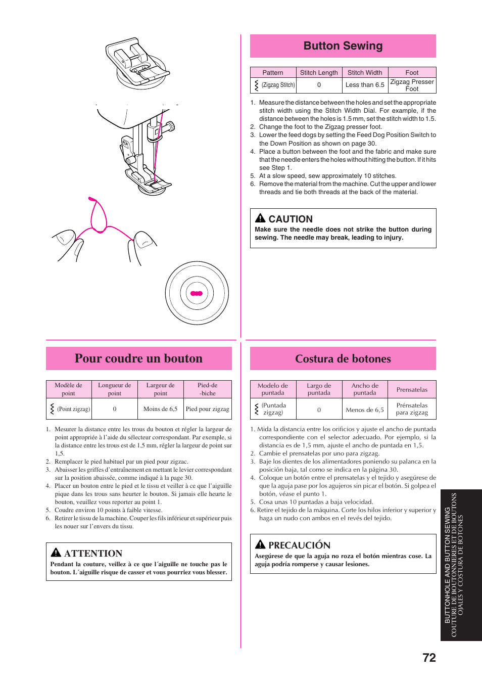 Pour coudre un bouton, Button sewing, Costura de botones | Caution, Precaución, Attention | Brother PS-3100 3700 User Manual | Page 84 / 111