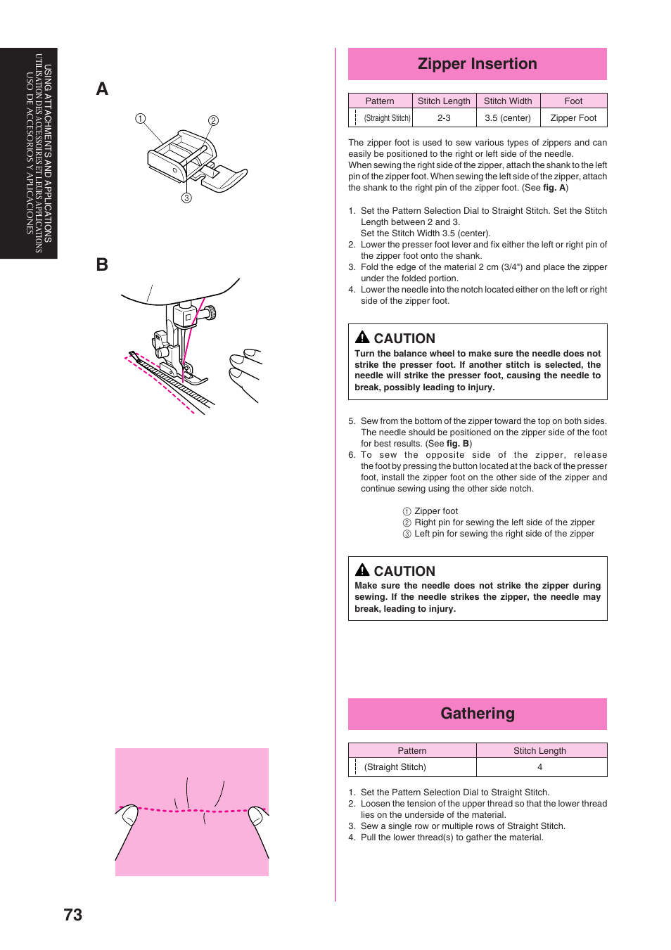 Zipper insertion, Gathering, Caution | Brother PS-3100 3700 User Manual | Page 85 / 111